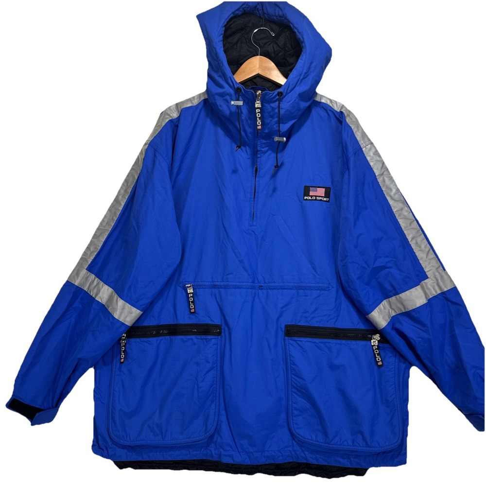 VTG Polo Sport Ralph‎ Lauren Anorak Jacket Mens L Blue Reflective Half Zip